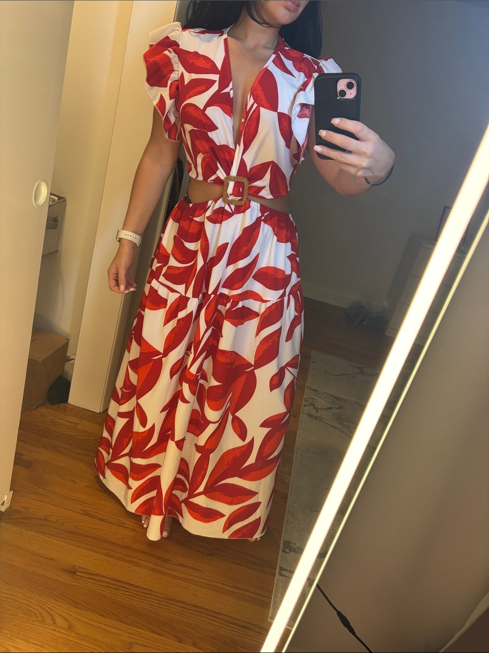 SHEIN White & Red Leaf Print Cutout Maxi Dress